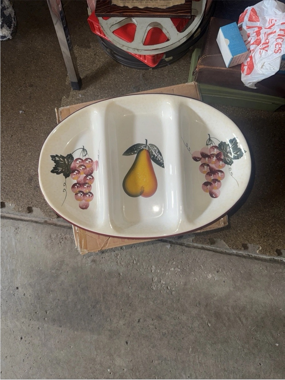 Pier 1 Cream Ceramic 3-Compartment Serving Platter with Fruit Design